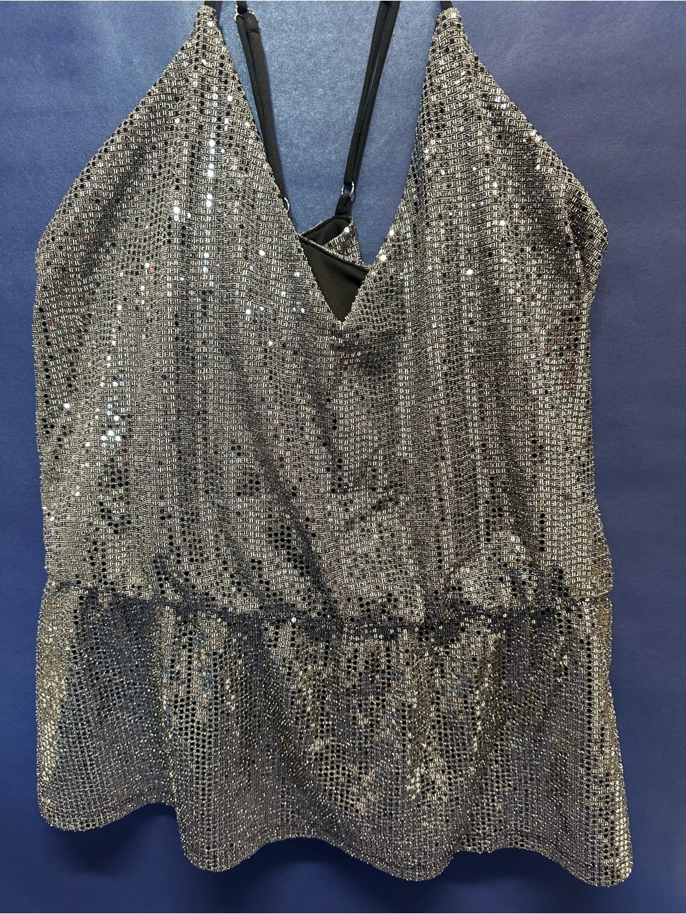 Express Dark Silver Sequin Shimmer Party B-Neck Peplum Tank Top Blouse - XL